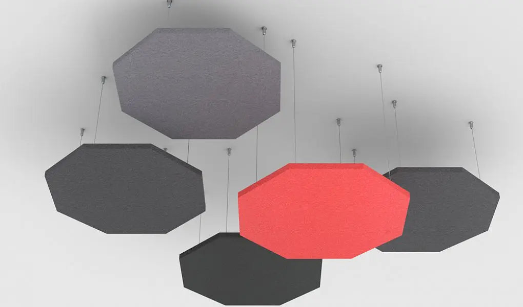 Hexa AIR Acoustic Suspended Ceiling Panel composition of grey and red colour panels Decormania.eu
